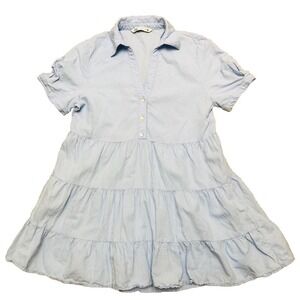 Zara Linen Blend Dress L Blue Short Sleeve Tiered Collared Preppy‎ City Beach